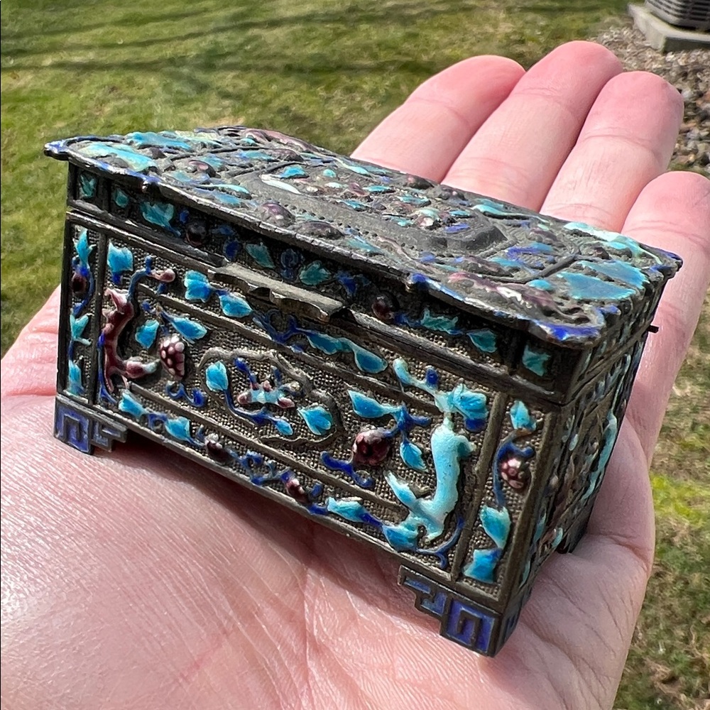 Antique Chinese Silver Plated Blue Purple Enamel Stamp Box Trinket Box - Picture 17 of 17